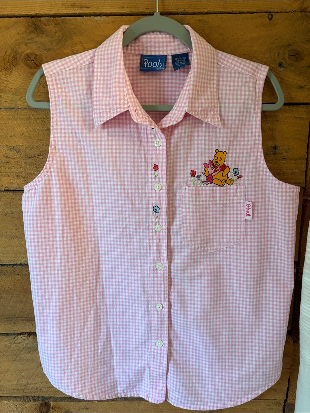 Women's Pink Gingham Sleeveless Button-Down Shirt with Pooh Detail
